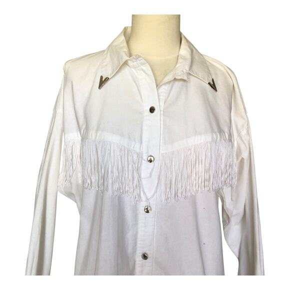 Lilia Smitty Exclusive White Western Fringe Blouse Long Sleeve Women's Sz Large - Picture 2 of 8